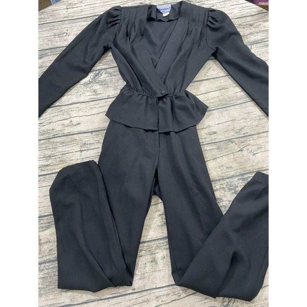 Vtg 80s Peplum Jumpsuit Coverall Overall Size 3 XS Cleveland Street Black Romper